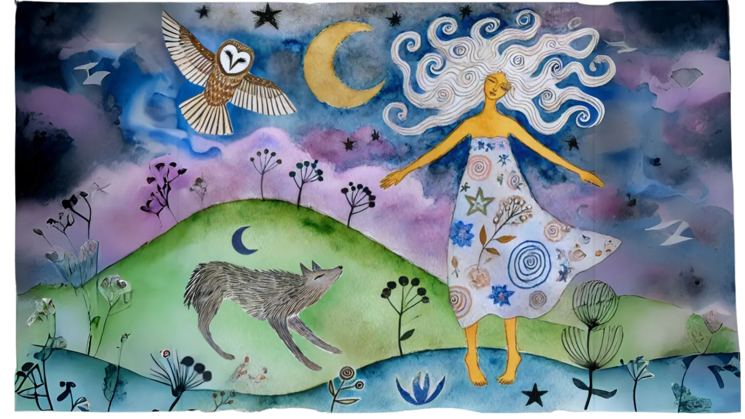 Watercolor illustration of woman, own, coyote and nature.