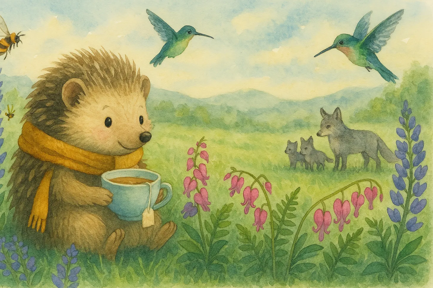 AI assisted watercolor image of whimiscal hedgehog drinking tea in a green meadow