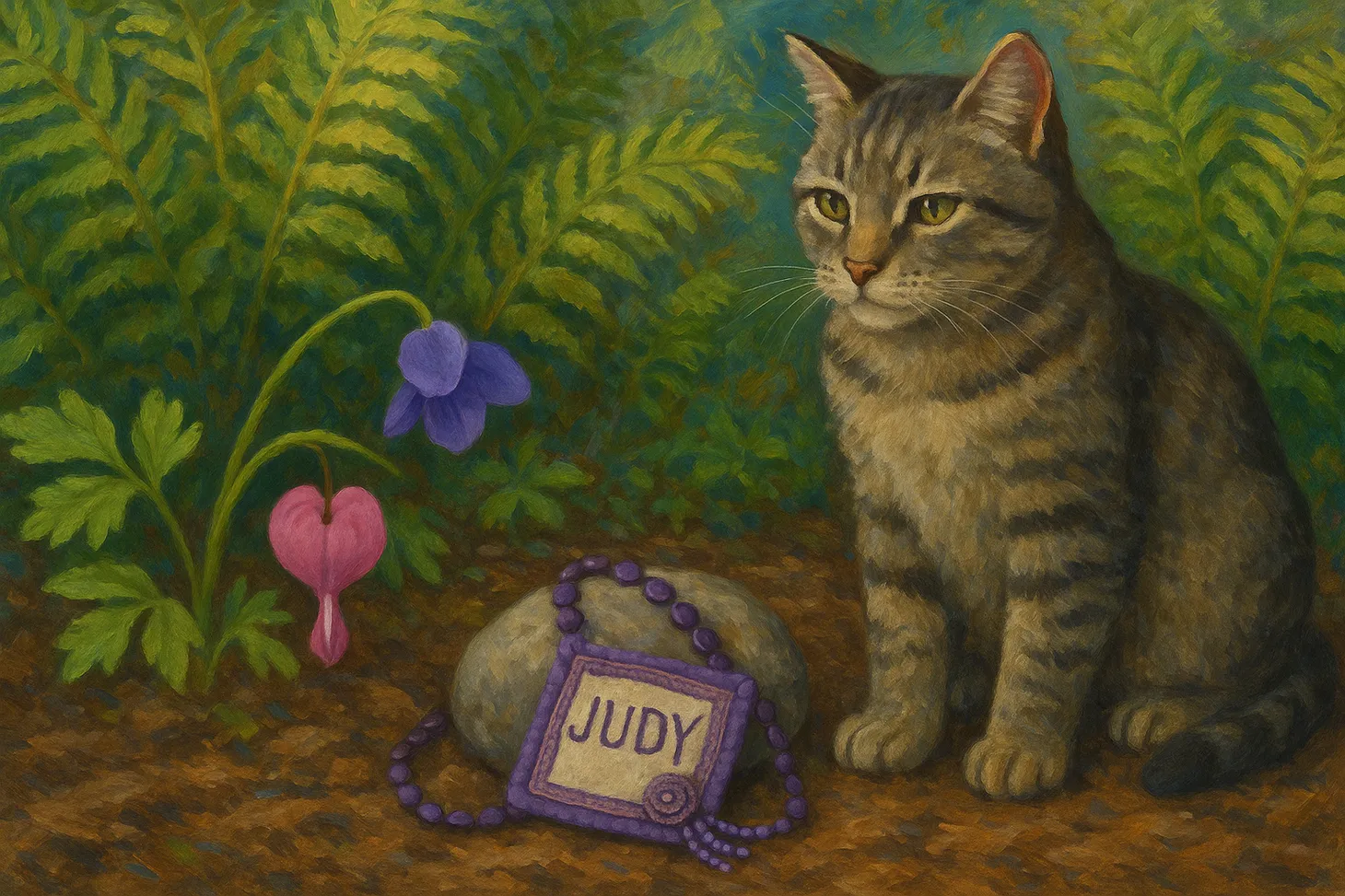 Painting-style illustration of a gray tabby cat, a bleeding heart, and a hand-made necklace